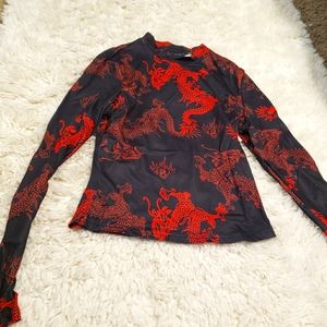 Shein red and black long sleeve women dragon shirt